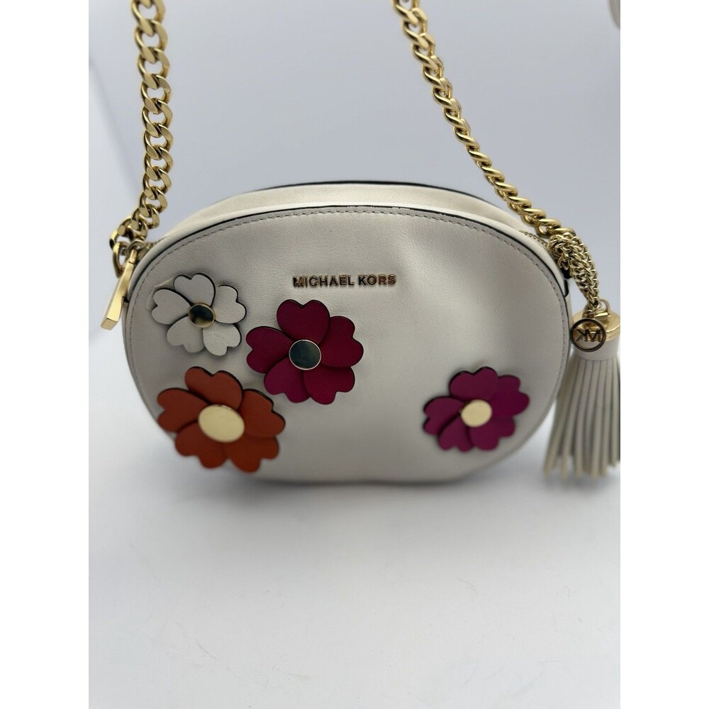 Michael Kors Floral Applique Crossbody Bag White Leather Chain Strap Tassel - Picture 2 of 12